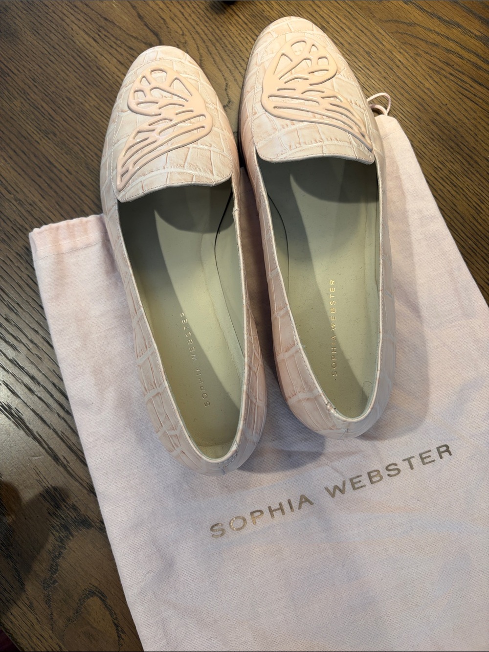 Sophia Webster Pale Pink Croc-Embossed Leather Loafers with Butterfly Appliqué - Picture 5 of 5